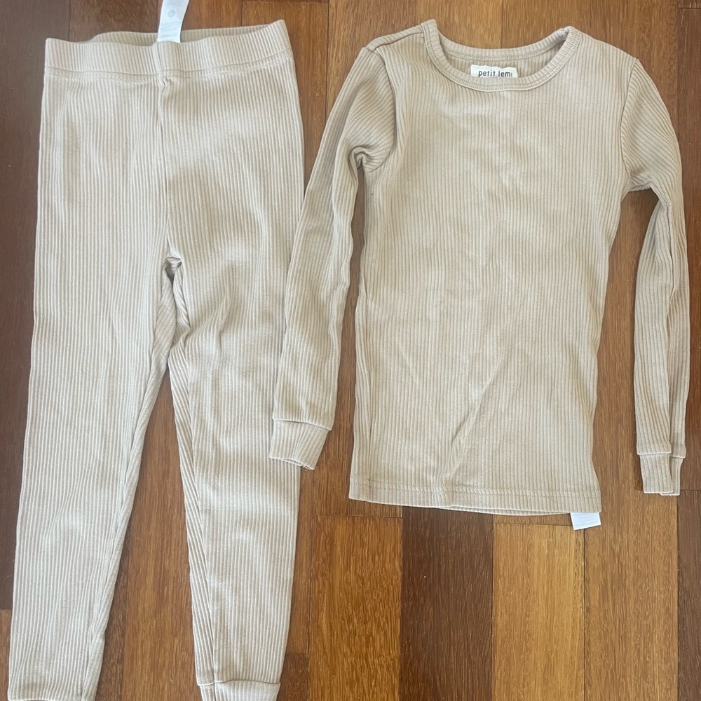 Petit Lem Beige Ribbed Pajama Set kids